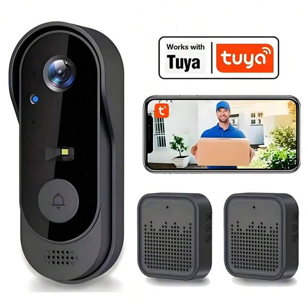 TUYA Smart Wireless Doorbell Camera, 2.4GHz WiFi Smart Doorbell Camera With Expandable Storage Space, Includes 2 Indoor Doorbells And 1 Home Security Doorbell Camera With Two-Way Audio, Night Vision, Waterproof