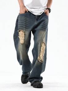 Y2K Vintage Style Men's Blue Retro Washed Loose Wide Leg Ripped Jeans Straight Leg Loose Jeans, Perfect Gift For Husband, Boyfriend - 藍色 - 查看 1