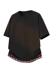 Men's Vintage Distressed Style Color Block Plaid Loose Dropped Shoulder Short Sleeve T-Shirt - Black - View 3