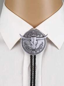 1pc Adjustable Leather Long-Horned Bull Head & Horse Horseshoe Country Party Bolo Tie, Cowboy Western Style Shirt Collar Accessory, Unisex Casual Party Wedding Groomsman Gift Leather Cord Necklace Pendant