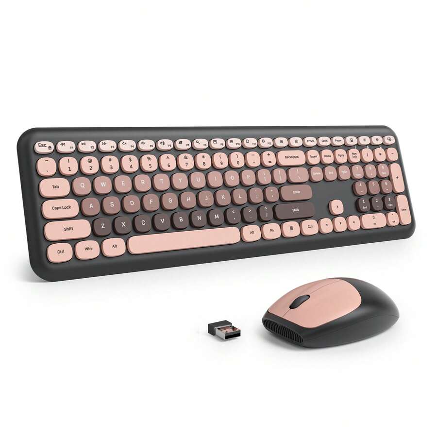 Quiet Wireless Keyboard And Mouse, Retro Typewriter-Style Full-Size Colorful Keyboard And Mouse Combo, Slim Design, Low-Noise Typing For Windows PC Laptop - Pink - View 1