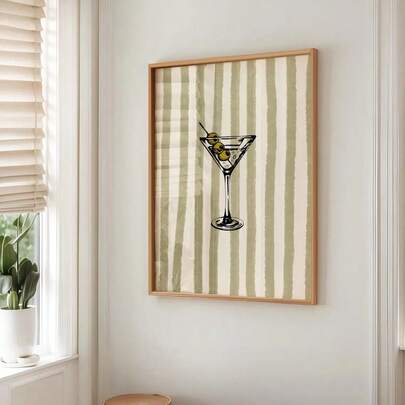 1pc Unframed/Framed Boho Stripes Martini Kitchen Wall Art Canvas Poster Print Minimalist Cocktail Wine Bar Cart Art Vintage Painting For Dining Room,Living Room,Restaurant,Modern Home Decoration