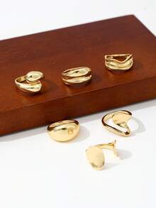 6 Pcs Smooth Geometric Shape Exaggerated Fashion Rings, Retro Vintage Gold Color Classic Rings For Women - Gold - View 5