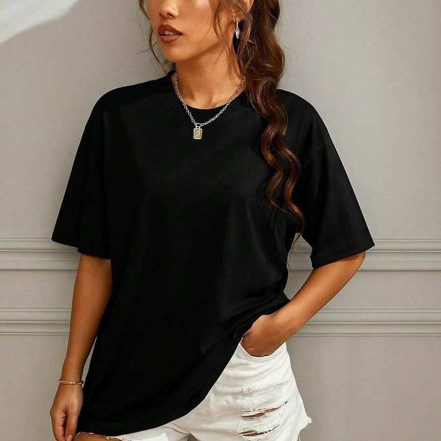 Women's Casual T-Shirt 100% Cotton Oversized - màu đen - Xem 1