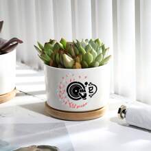 1pc DJ Ceramic Planter With Bamboo Tray (3.6"X2.6"), Succulent Planter, DJ Theme: Vinyl Record Turning, Musical Notes Flying, Headphones Playing Music, Planter Gift, Yard Decor, Desktop Decor