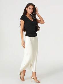 Women Short Sleeve T-Shirts Lace Patchwork V-Neck Shirts Summer Slim Fit Casual Tops Streetwear - Black - View 4