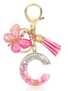 Personalized Bling Monogram Keychain For Women - Resin Letter Charm With Silvery Glitter, Pink Pebble & Gold Star Shaker - Birthday Gifts For Her, Anniversary Present With Pink Tassel & Butterfly Accent Car Accessories Bag Charm School Cute Goth Y2k - Pink - View 4