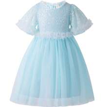 Girls Summer Dress Sequin Embellished Tulle Skirt Ruffled Sleeve Princess Style