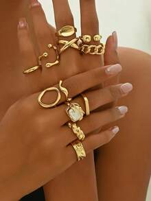 12 Pcs/Set Adjustable Asymmetrical Geometric Faux Pearl Ring Set For Women - Gold - View 1