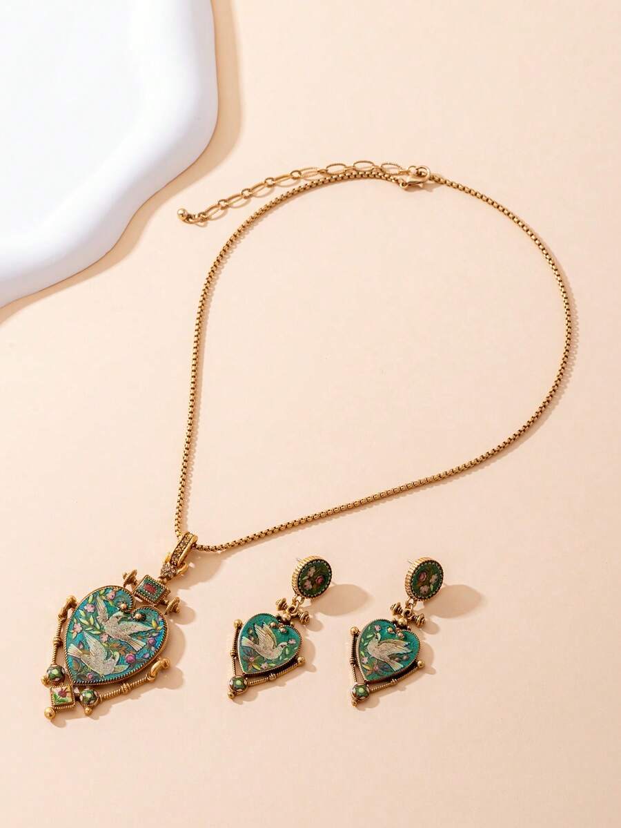 1pc Women's Necklace 1 Pair Women's Earrings, Blending Vintage And Art Deco Styles, Heart Shape Symbolizing Love In Culture, Flying Bird Representing Freedom And Agility, Conveying A Romantic And Elegant Vibe, Suitable For Vintage Or Artistic Style Outfits