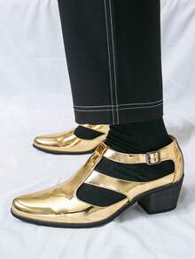 Men's Formal Dress Shoes With Wedge Heel, Solid Color Pointed Toe Monk Strap Formal Shoes - Gold - View 2