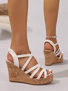 Women's Strap Soft Cork Wedge Sandals - Open Toe Design, High Heel Thick Bottom Khaki Color Increasing Height Sandals, Casual Beach Essential, Woven Sandals - White - View 3