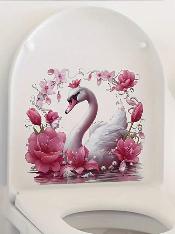 1 Pc Pink Swan Pattern Toilet Seat Sticker, Suitable For Bathroom Accessories Toilet Tank Toilet Seat Decoration Door Decoration Kitchen Sticker, Removable And Easy To Peel Home Decor Sticker Make Your Home A New Look Holiday Decor Sticker