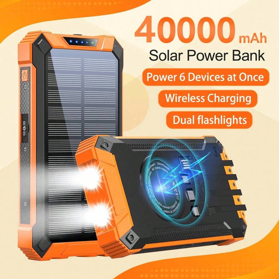 40000mAh 太阳能移动电源无线充电器内置 4 条电缆 六个输出三个输入 15W 快速充电移动电源适用于所有带有双手电筒的移动设备太阳能便携式充电器适合夏季假期户外旅行/露营和应急备用移动电源太阳能移动电源 - 橘色 - 查看 1
