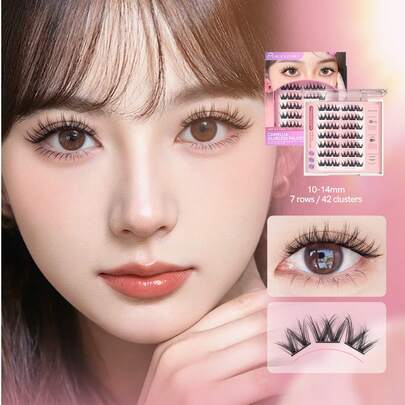 MLEN DIARY MLEN DAIRY 自粘式假睫毛簇，10-14mm C型卷度自然款，42片预粘式假睫毛簇，无需胶水，可重复使用，韩式，按压式自粘假睫毛簇，单根假睫毛，家用DIY假睫毛簇，假睫毛簇，单根假睫毛，睫毛，假睫毛