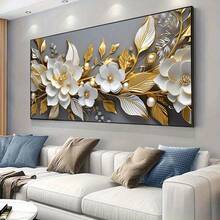 1幅无框现代帆布艺术油画，以白色花朵和金色叶子为主题，适合装饰客厅和卧室。 - 金色 - 查看 1