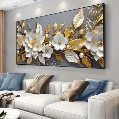 1 pieza Pintura de arte en lienzo moderno sin marco, con flores blancas y hojas doradas, adecuado para decorar la sala de estar y el dormitorio