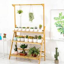 3 Tier Folding Bamboo Hanging Plant Stand Pot Shelf Stand Rack Indoor Outdoor Multi Use Greenhouse - Natural Wood - View 3