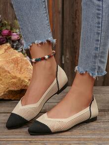 1 Pair Women Casual Knit Flat Shoes, Colorblock Pointed Toe Slip-On, Breathable Fabric, With Breathable Insole And Durable Plastic Sole, Suitable For All Seasons