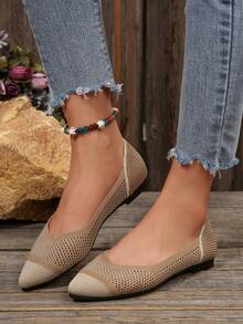 Woven Pointy Toe Ballet Flats For Teens, Princess Style Waffle Knit Slip-On Loafers, Breathable Soft-Soled Casual Shoes - Khaki - View 5