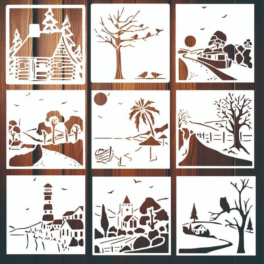 9 Pcs 8x8 Inch Village Stencils For Painting Rural Landscape Stencil Crafts Template For DIY Wood Glass Wall Home Decor - White - View 1