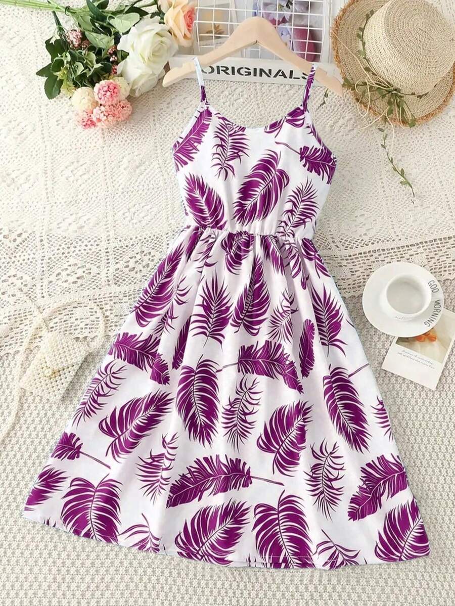 Bộ đồ liền thân không tay in họa tiết lá thường ngày cho bé gái - Chất liệu pha polyester co giãn, thiết kế trễ vai, dài đến đầu gối, thích hợp cho tiệc tùng và bãi biển, váy đi biển mùa hè - Màu tím - Xem 1