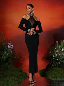 Love Aing Robe de soirée de mode pour femme à manches longues, avec cristaux faits à la main, contraste de maille, dos nu, fente à l'ourlet, pour soirée de gala, mariage, cérémonie, tenue de soirée