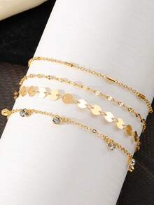 4pcs/Set Vintage Versatile High-End Disc Pendant Tassel Rhinestone Inlaid Anklet, Multi-Layer Beach Elegant Anklet Set, Suitable For Any Occasion, Summer Vacation Everyday Matching, Gift Choice - Yellow Gold - View 2