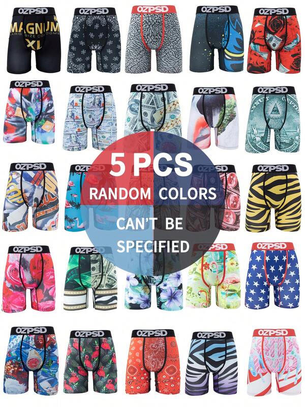Random 5PCS Men's Printed Long Boxer Fashion Briefs