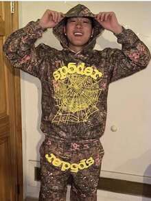 Spider Web Fashion Hip-Hop Printed Flower Hoodie, European And American  Brand Large-Sized Loose Men's And Women's Hooded Sweatshirt Set  All Over Print  Animal  Cut & Sew  Casual  Cute    Drawstring - 彩色 - 查看 5