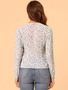 Women's Ditsy Floral Top For Cute Ruffle Collar Long Sleeve Summer Peasant Tops