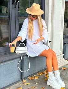 Knitted Set With Puff Sleeve Blouse And Short Skirt Simple Casual Knitted - Blanco - Ver 2