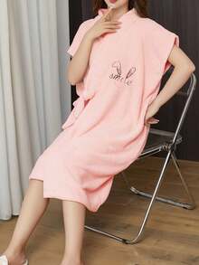 1 件珊瑚绒菠萝图案可爱刺绣无袖长袍，女士裹身式浴袍，柔软吸水家居服，开学季适用 - 紫色 - 查看 13