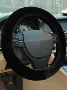 1PC Soft Faux Rabbit Fur Steering Wheel Cover - Universal Plush Warm Car Accessory, Winter Essential For Cozy Driving - Black - View 1