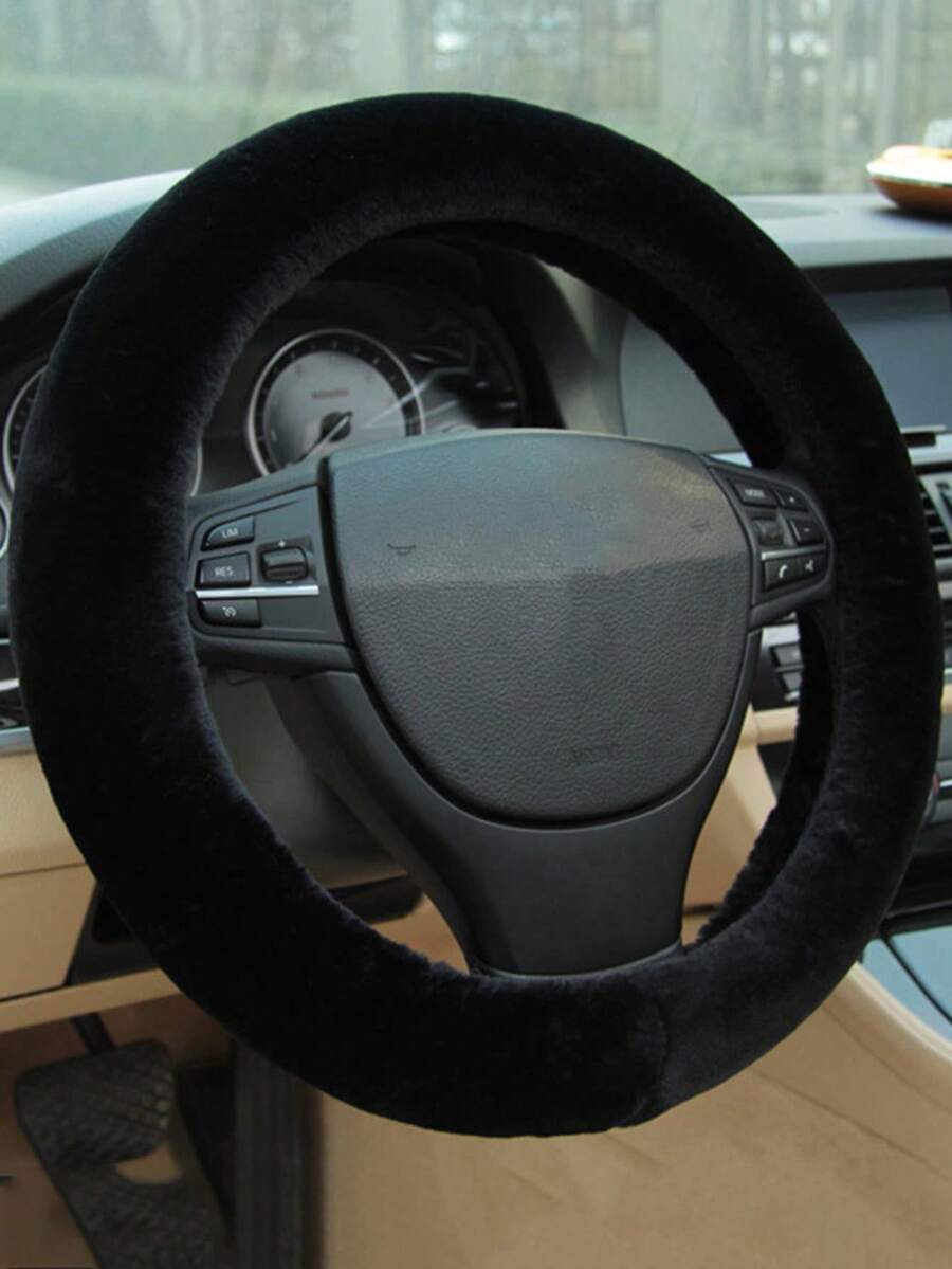 1PC Soft Faux Rabbit Fur Steering Wheel Cover - Universal Plush Warm Car Accessory, Winter Essential For Cozy Driving - Black - View 1