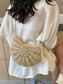 Yogodlns 女士半圆形草编包，夏季沙滩藤编单肩包，拉链编织斜挎包，波西米亚风度假夏季手工编织沙滩包带流苏，钩针镂空旅行手提腋下包 - 米色 - 查看 10