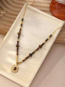 Retro Temperament Layered Tiger Eye Stone Pendant Necklace For Women Stainless Steel Double-Layer Collarbone Chain Sets Jewelry,Ladies' Daily Party Accessories, Fashionable Jewelry, Best Friend Gifts(Natural Stone Color Random) - Brown - View 14