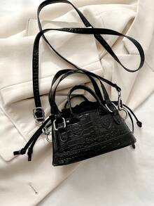 1pc Teenager's Solid Color PU Stone Texture Personalized Handbag, Fashion Versatile Shoulder Crossbody Bag For Daily Use - Black - View 3