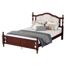 YOGLAD Queen Size Bed Frame Solid Pine Wood With Upholstered Headboard, Platform Bed With Storage Under Bed, Vintage Style Wooden Bed Frame With Center Support & Bed Rails, Rustic Minimalist Bedroom Furniture For Home Decor - 櫻桃 - 查看 5