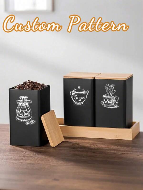 1/3pcs-Customized Wedding Coffee, Sugar, And Tea Sealed Storage Cans, Bamboo Lid Tin Boxes, Personalized Father's Day Gift Bamboo Lid Kitchen Set Cans, Iron Lid Tin Square Tea Cans, Kitchen Storage Utensils, 3 Piecescombination With Trays