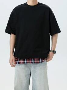 Men's Vintage Distressed Style Color Block Plaid Loose Dropped Shoulder Short Sleeve T-Shirt - Black - View 1