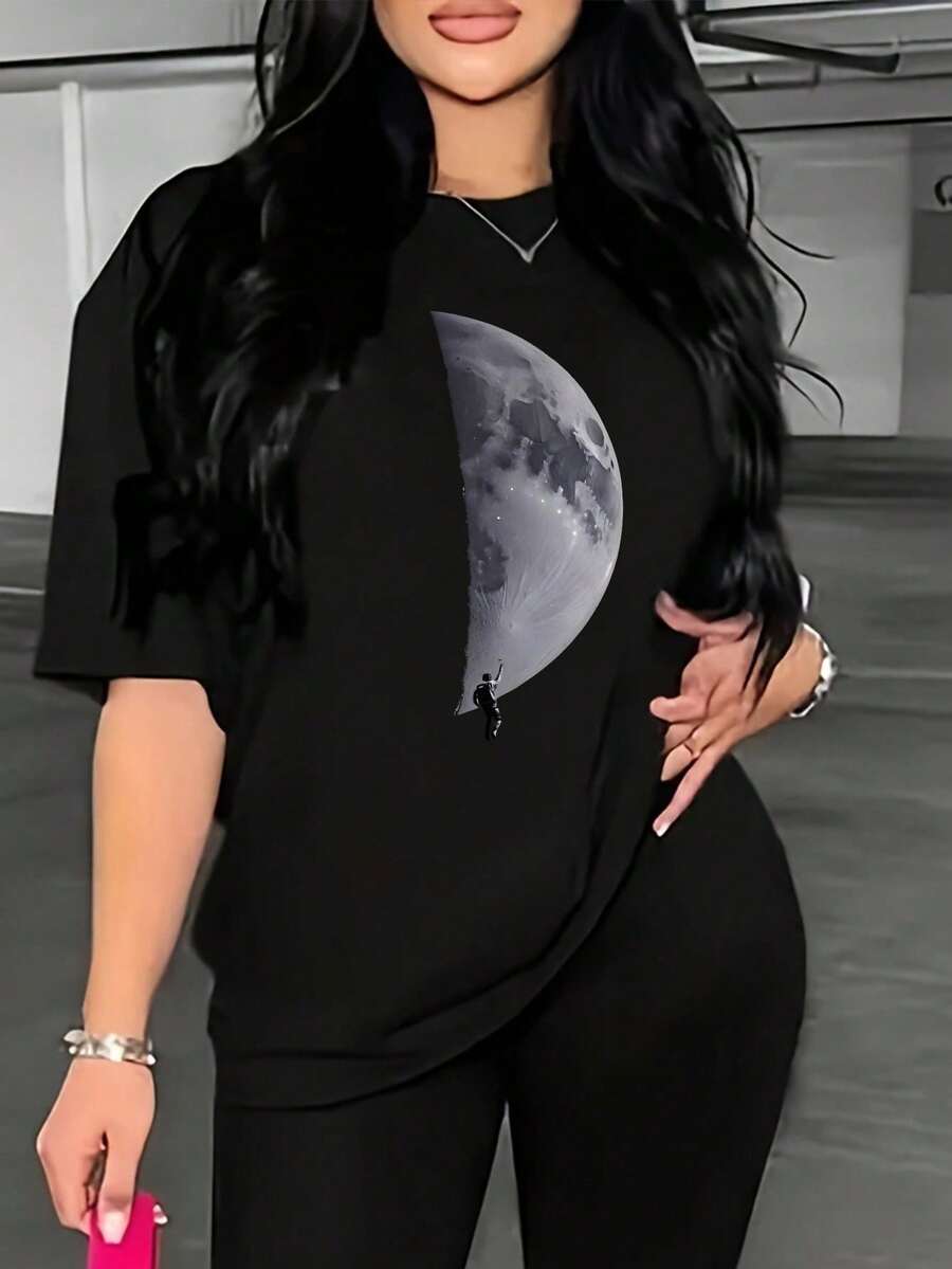 Women's Summer Oversized Simple Drop Shoulder T-Shirt With Moon Pattern - 黑色 - 查看 1