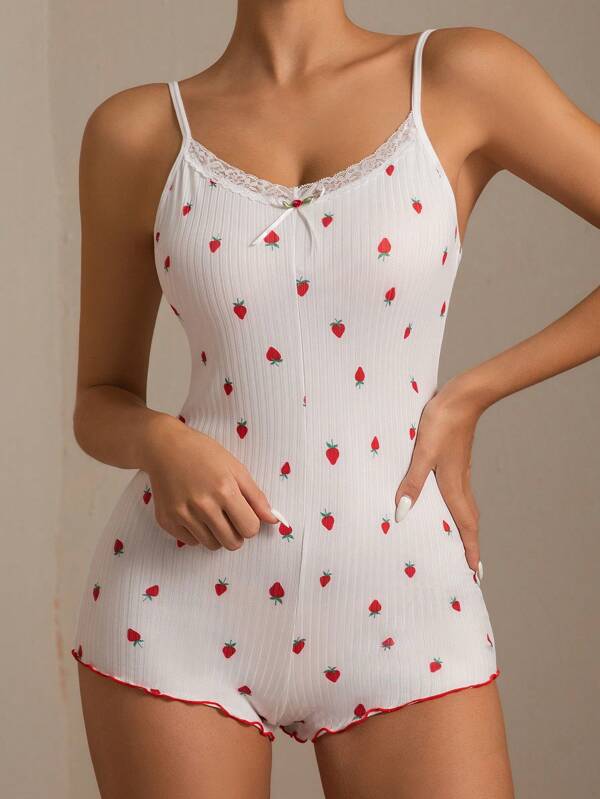 1pc Women Solid Color Strawberry Print Bow Lace Edge Comfy Pajama Jumpsuit, Vacation