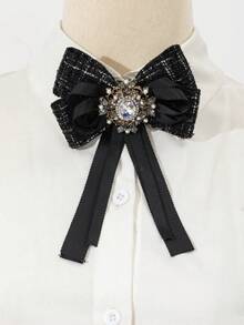 1pc Elegant Style Handmade Fabric Ribbon Bow Design Women Rhinestone Brooch Pin, Luxury Jewelry Brooch, Suitable For Dating, Daily Wear, Gift - classic - View 2