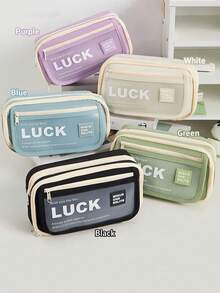 Wish Luck Pencil Bag Pen Case Flip Cover Frosted Front Multi Pocket Storage Pouch For Stationery School,Back To School,School Supplies - one-size - View 2