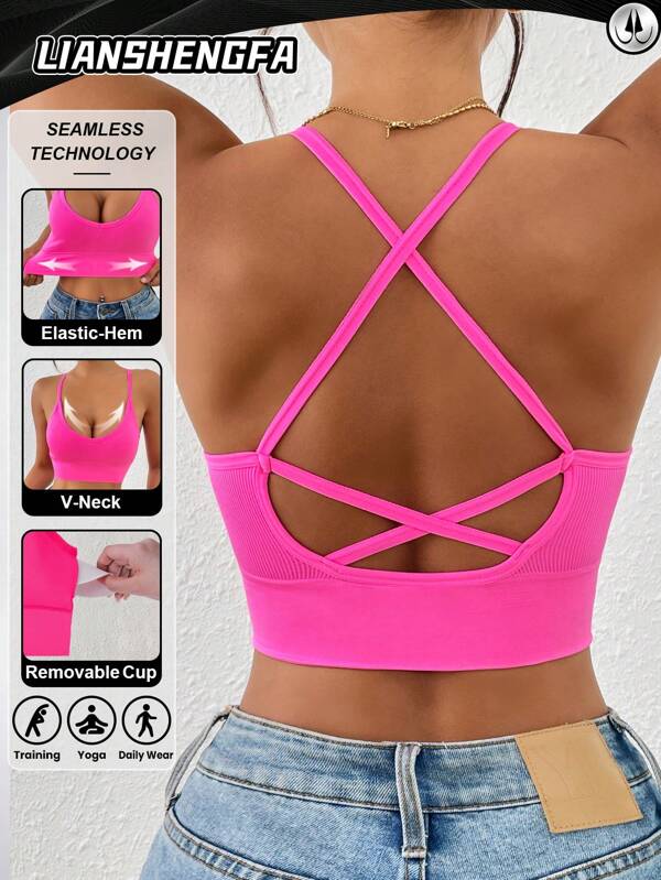 LianShengFa 1 pièce Soutien-gorge sans fil au quotidien à haute élasticité avec des bretelles croisées sans dos, soutien-gorge de sport sans couture à soutien moyen, soutien-gorge de yoga respirant et confortable