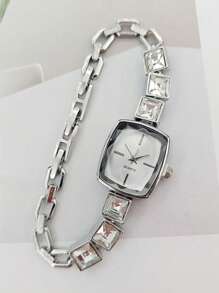 Neue Damen Uhr mit eingearbeiteten Zirkonia, elegantes quadratisches Zifferblatt, Legierung Quarzwerk, Mode Armband aus Stahl mit Strass, Damen Armbanduhr