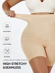 女式高腰弹力修身紧身裤，超柔软单层，膝盖长度 - 杏色 - 查看 5