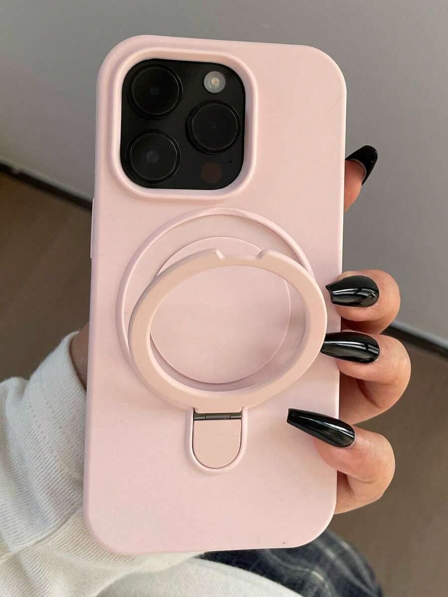 Pink Luxury Matte Silicone Solid Color Material Stand Phone Case 1pc Invisible Ring Holder, Compatible With IPhone 17 Air 16 15 14 13 12 11 Pro Plus Max, Supports Wireless Charging Spring Gift