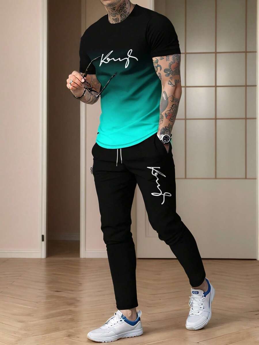 Men King Ombre Print Crew Neck Short Sleeve T-Shirt And Long Pants Set - Teal Blue - View 1